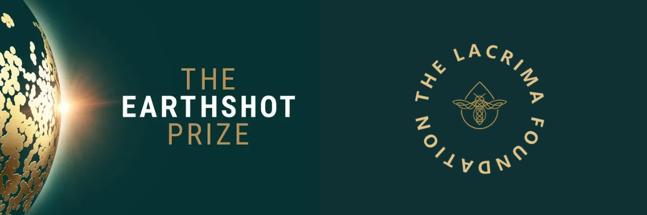 Earthshot Prize logo with Earth graphic and Lacrima Foundation logo on a dark green background